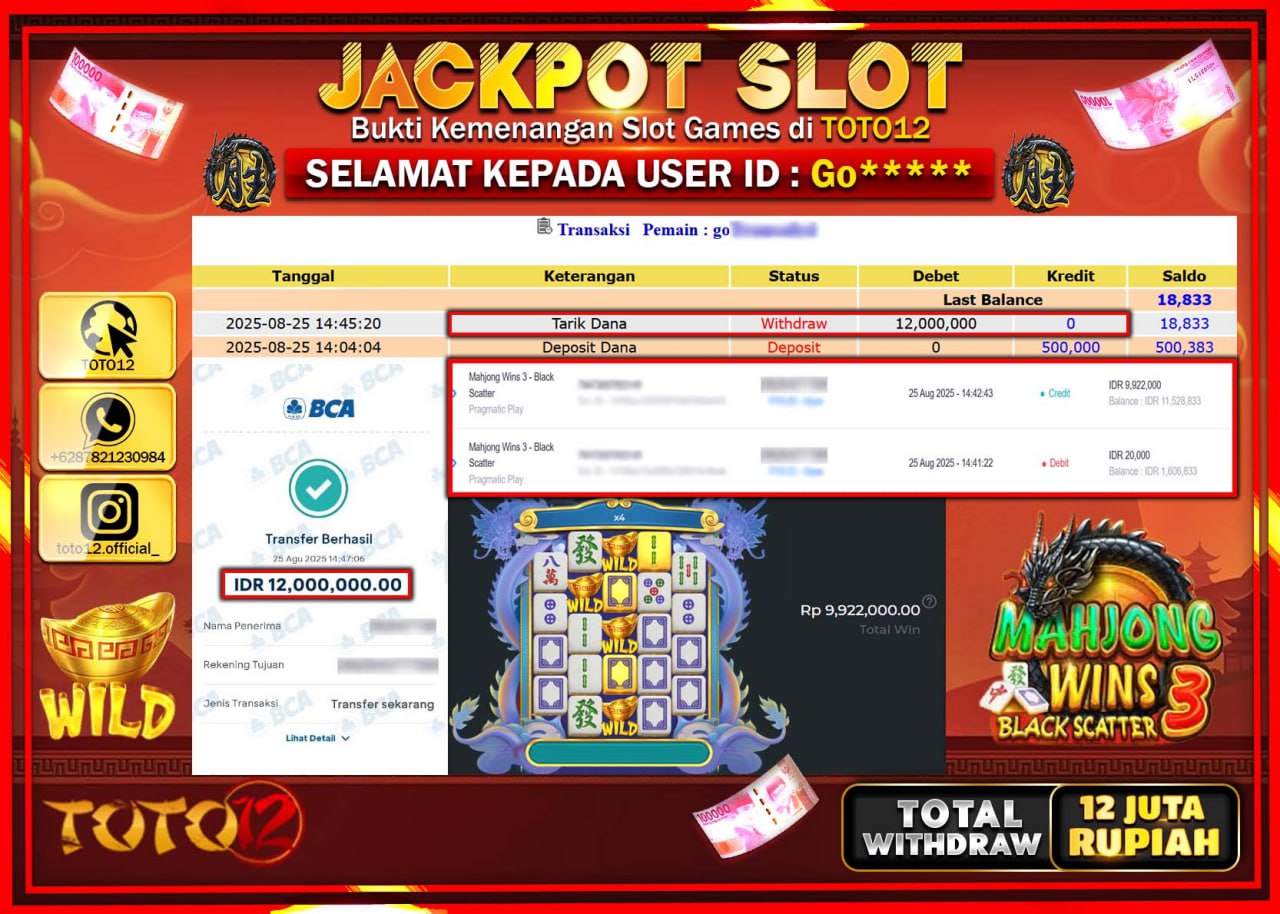 HANYA DI TOTO12 JP PASTI DI BAYAR LUNAS DAN CEPAT!!!!!! JACKPOT SLOT GAME (MAHJONG WINS 3 BLACK SCATTER) Rp.12.000.000 !!!!