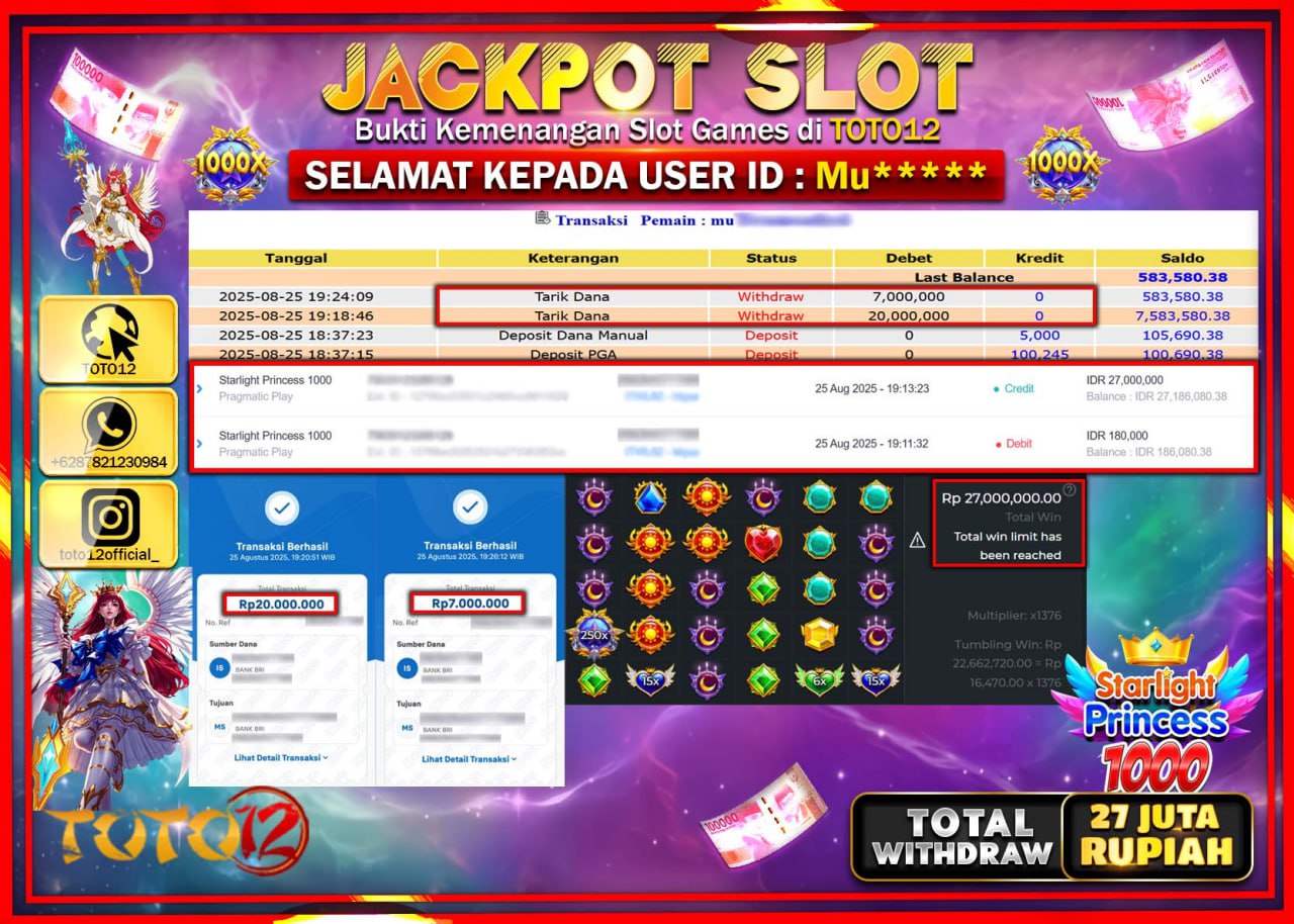 HANYA DI TOTO12 JP PASTI DI BAYAR LUNAS DAN CEPAT!!!!!! JACKPOT SLOT GAME (STARLIGHT PRINCESS 1000) Rp.27.000.000 !!!!