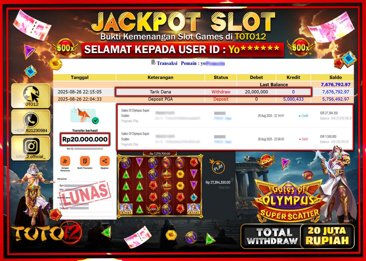 HANYA DI TOTO12 JP PASTI DI BAYAR LUNAS DAN CEPAT!!!!!! JACKPOT SLOT GAME (GATES OF OLYMPUS SUPER SCATTER) Rp.20.000.000 !!!!