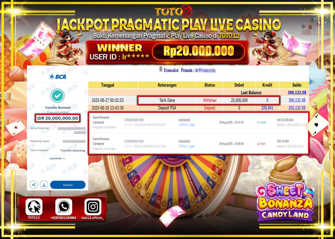 HANYA DI TOTO12 JP PASTI DI BAYAR LUNAS DAN CEPAT!!!!!! JACKPOT PRAGMATIC PLAY LIVE CASINO (SWEET BONANZA CANDY LAND) Rp.20.000.000 !!!!
