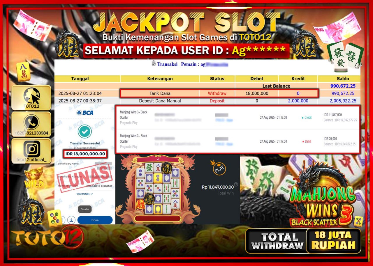 HANYA DI TOTO12 JP PASTI DI BAYAR LUNAS DAN CEPAT!!!!!! JACKPOT SLOT GAME (MAHJONG WINS 3 BLACK SCATTER) Rp.18.000.000 !!!!