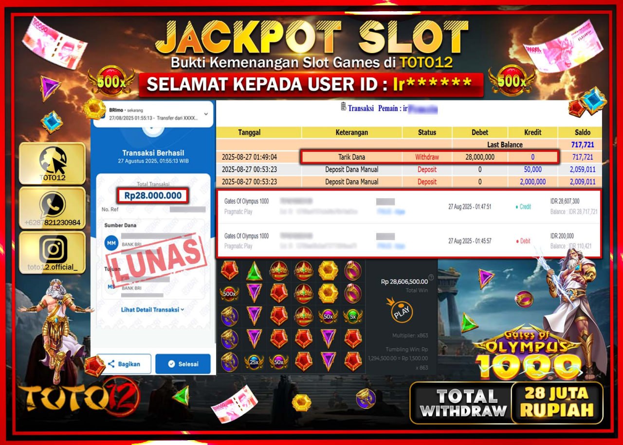 HANYA DI TOTO12 JP PASTI DI BAYAR LUNAS DAN CEPAT!!!!!! JACKPOT SLOT GAME (GATES OF OLYMPUS 1000) Rp.28.000.000 !!!!