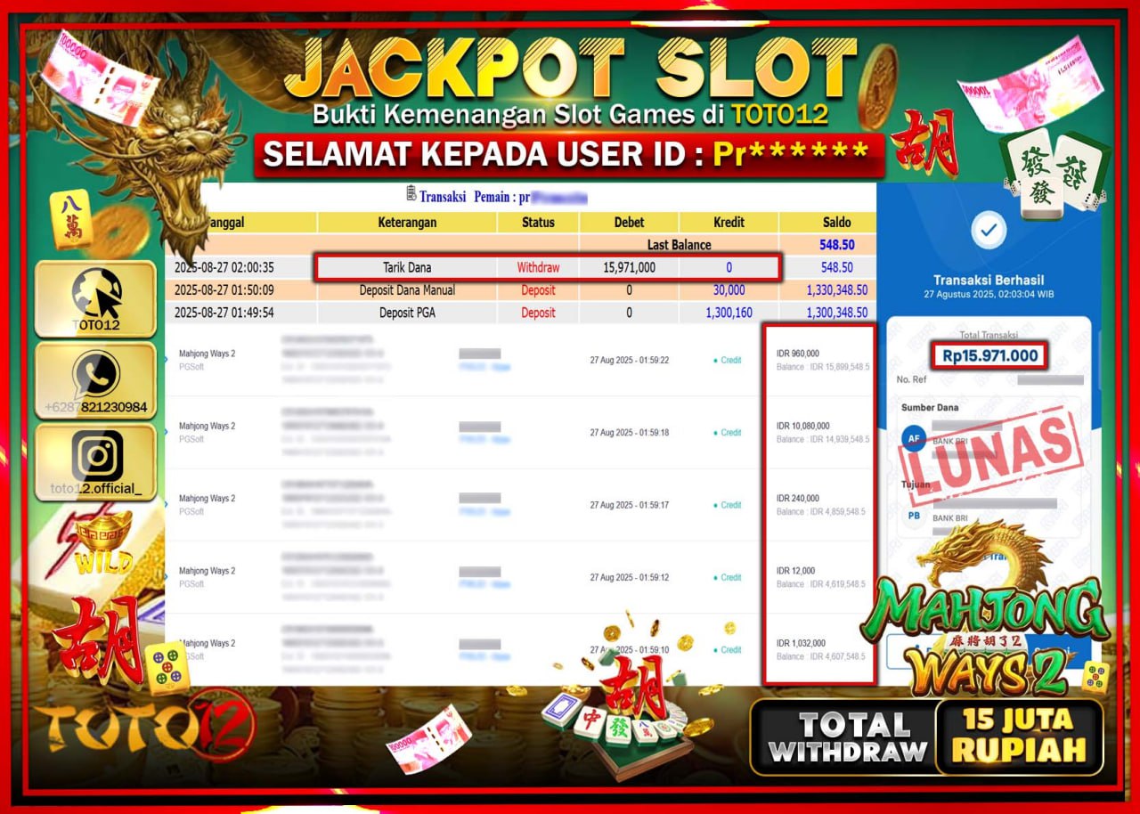 HANYA DI TOTO12 JP PASTI DI BAYAR LUNAS DAN CEPAT!!!!!! JACKPOT SLOT GAME (MAHJONG WAYS 2) Rp.15.971.000 !!!!