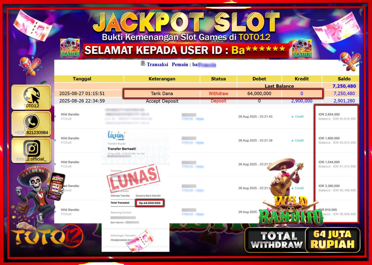 HANYA DI TOTO12 JP PASTI DI BAYAR LUNAS DAN CEPAT!!!!!! JACKPOT SLOT GAME (WILD BANDITO) Rp.64.000.000 !!!!