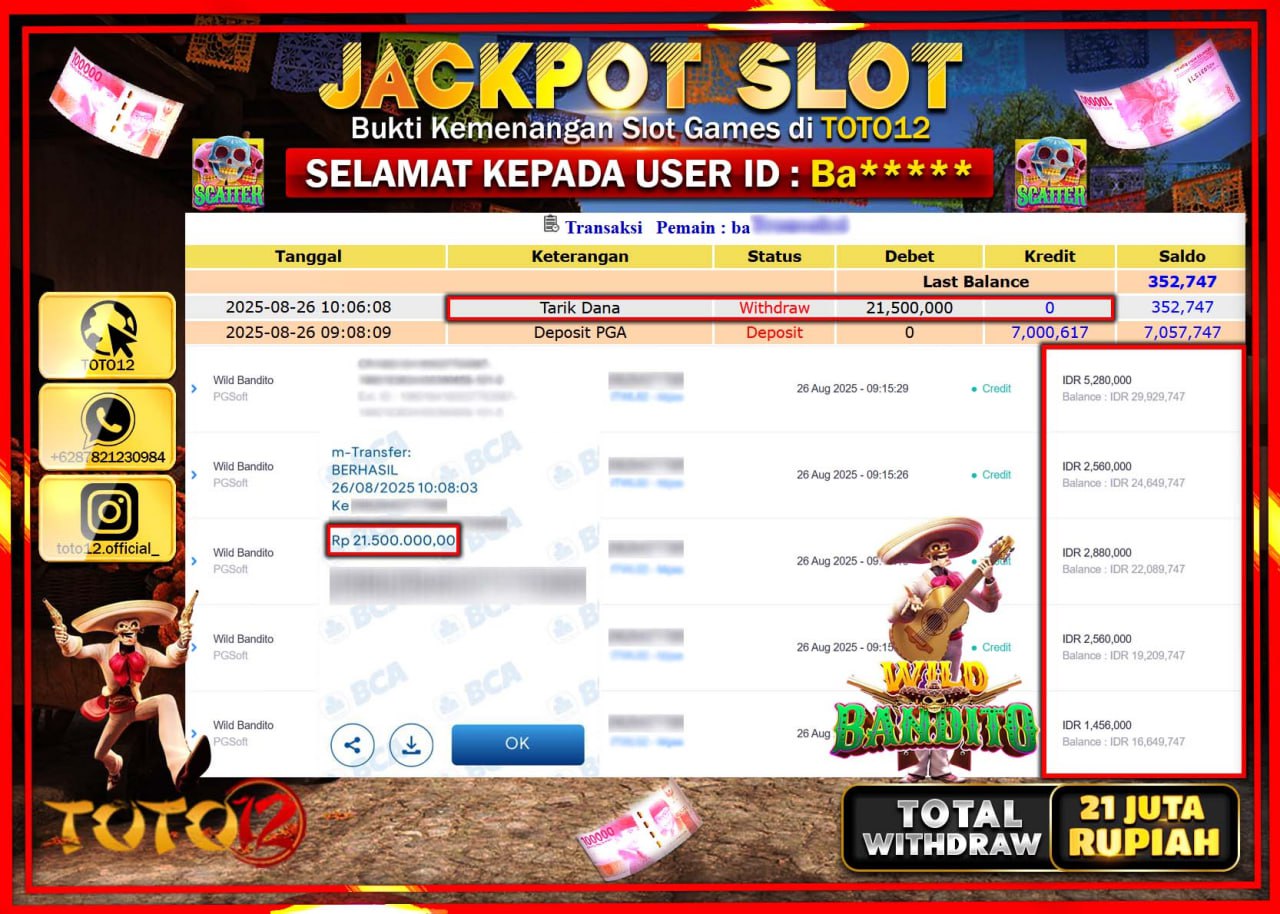 HANYA DI TOTO12 JP PASTI DI BAYAR LUNAS DAN CEPAT!!!!!! JACKPOT SLOT GAME (WILD BANDITO) Rp.21.500.000 !!!!