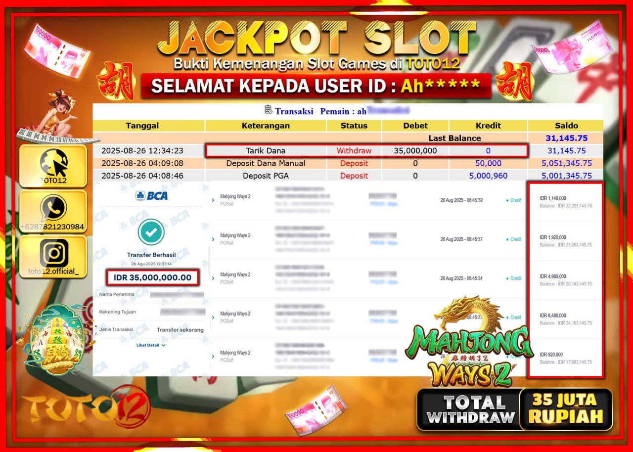 HANYA DI TOTO12 JP PASTI DI BAYAR LUNAS DAN CEPAT!!!!!! JACKPOT SLOT GAME (MAHJONG WAYS 2) Rp.35.000.000 !!!!