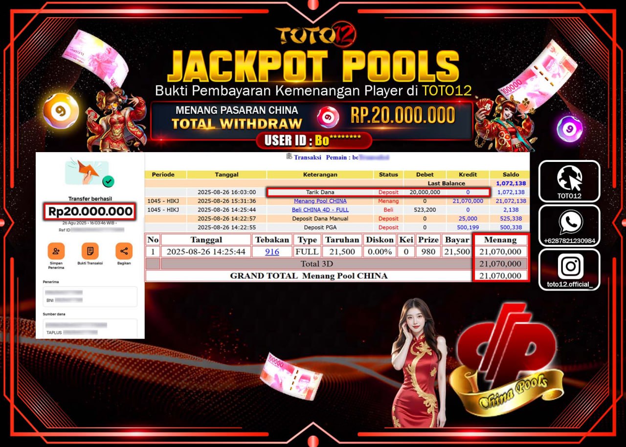 HANYA DI TOTO12 JP PASTI DI BAYAR LUNAS DAN CEPAT!!!!!! JACKPOT POOLS PASARAN (CHINA) Rp.20.000.000 !!!!