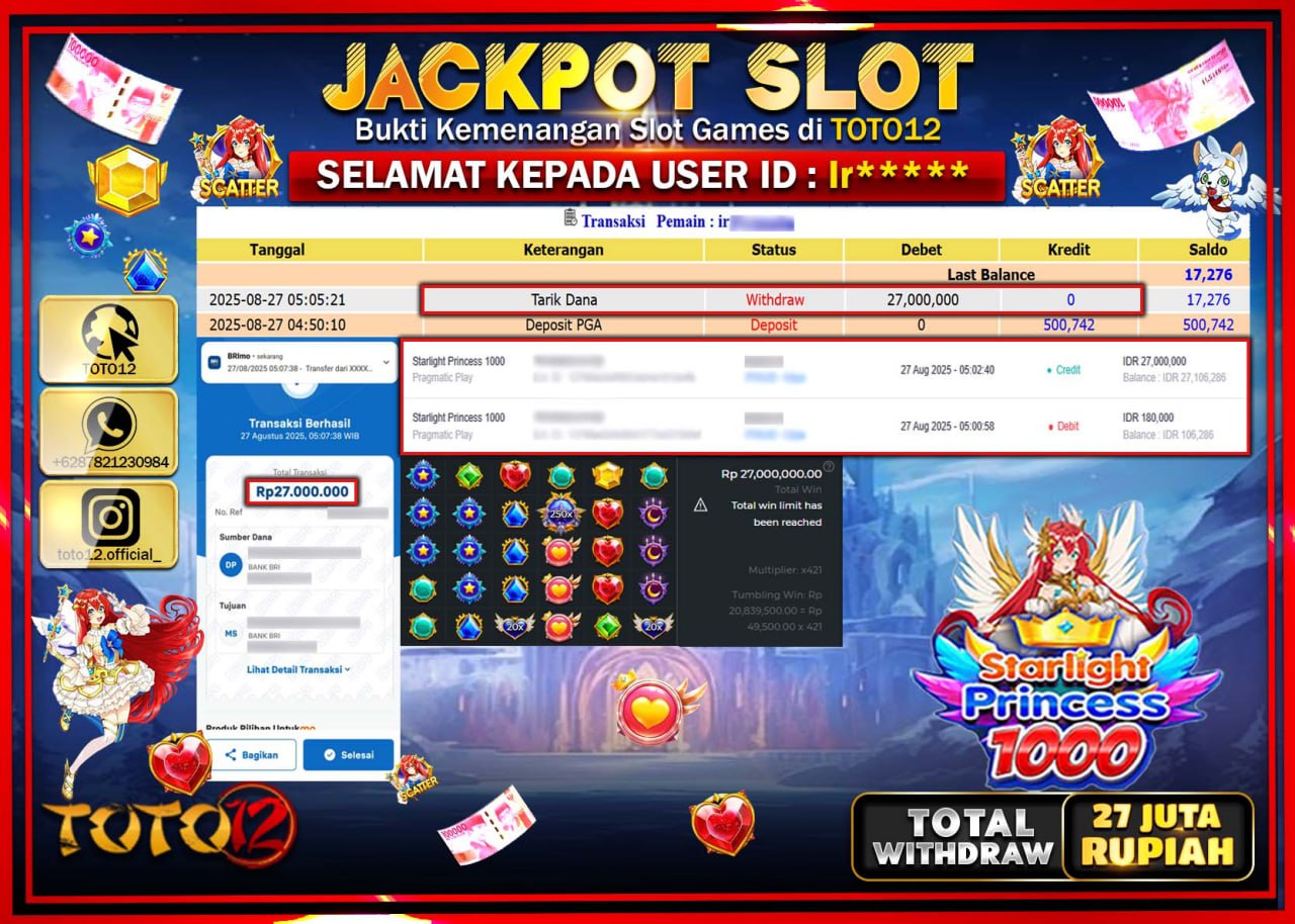 HANYA DI TOTO12 JP PASTI DI BAYAR LUNAS DAN CEPAT!!!!!! JACKPOT SLOT GAME (STARLIGHT PRINCESS 1000) Rp.27.000.000 !!!!