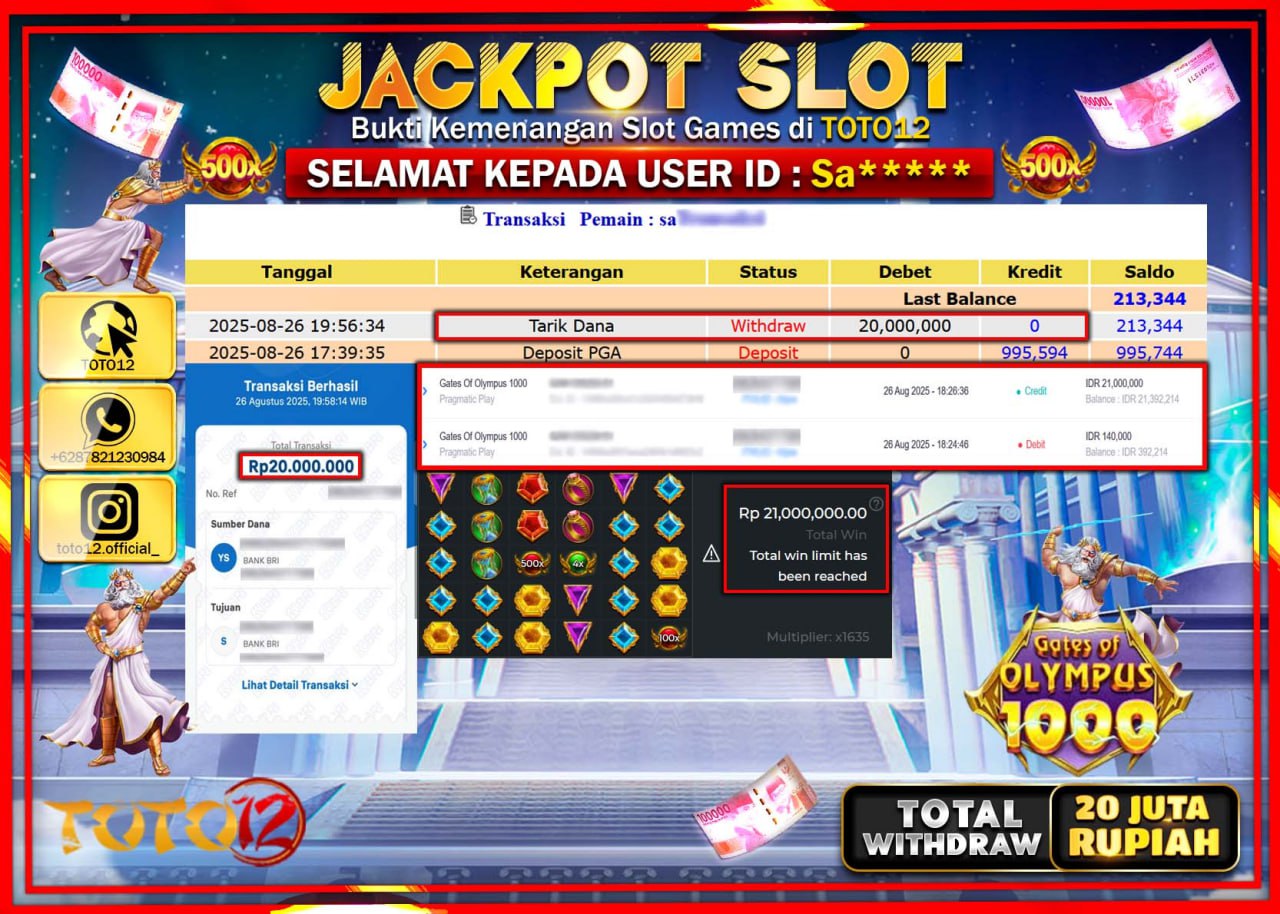 HANYA DI TOTO12 JP PASTI DI BAYAR LUNAS DAN CEPAT!!!!!! JACKPOT SLOT GAME (GATES OF OLYMPUS 1000) Rp.20.000.000 !!!!