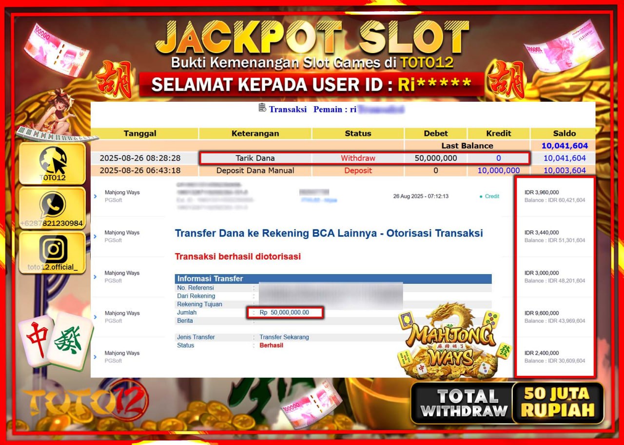 HANYA DI TOTO12 JP PASTI DI BAYAR LUNAS DAN CEPAT!!!!!! JACKPOT SLOT GAME (MAHJONG WAYS) Rp.50.000.000 !!!!