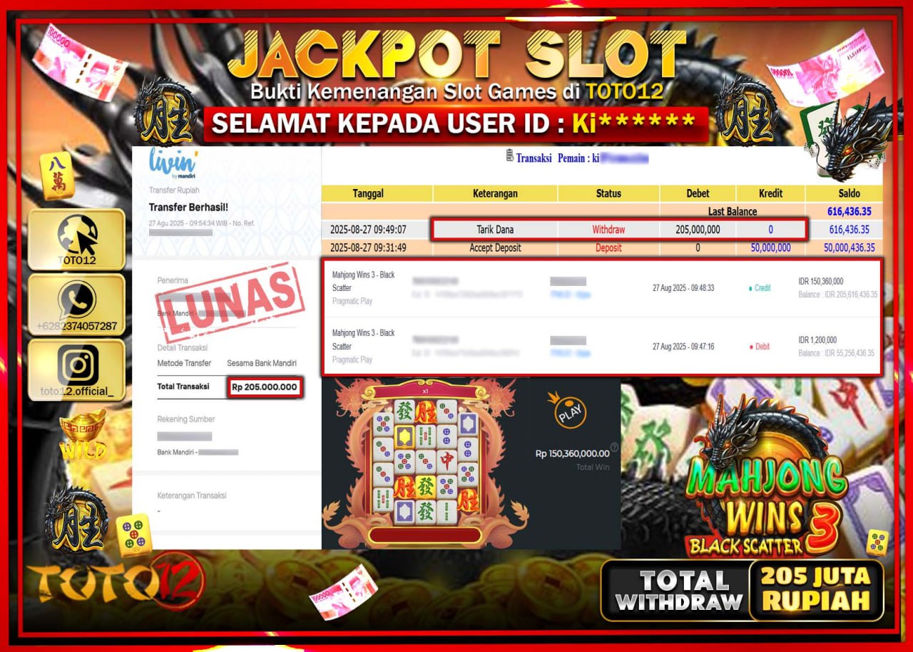 HANYA DI TOTO12 JP PASTI DI BAYAR LUNAS DAN CEPAT!!!!!! JACKPOT SLOT GAME (MAHJONG WINS 3 BLACK SCATTER) Rp.205.000.000 !!!!