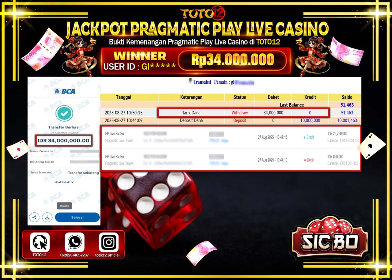 HANYA DI TOTO12 JP PASTI DI BAYAR LUNAS DAN CEPAT!!!!!! JACKPOT PRAGMATIC PLAY LIVE CASINO (SICBO) Rp.34.000.000 !!!!
