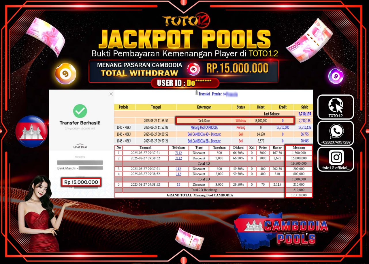 HANYA DI TOTO12 JP PASTI DI BAYAR LUNAS DAN CEPAT!!!!!! JACKPOT POOLS PASARAN (CAMBODIA) Rp.15.000.000 !!!!