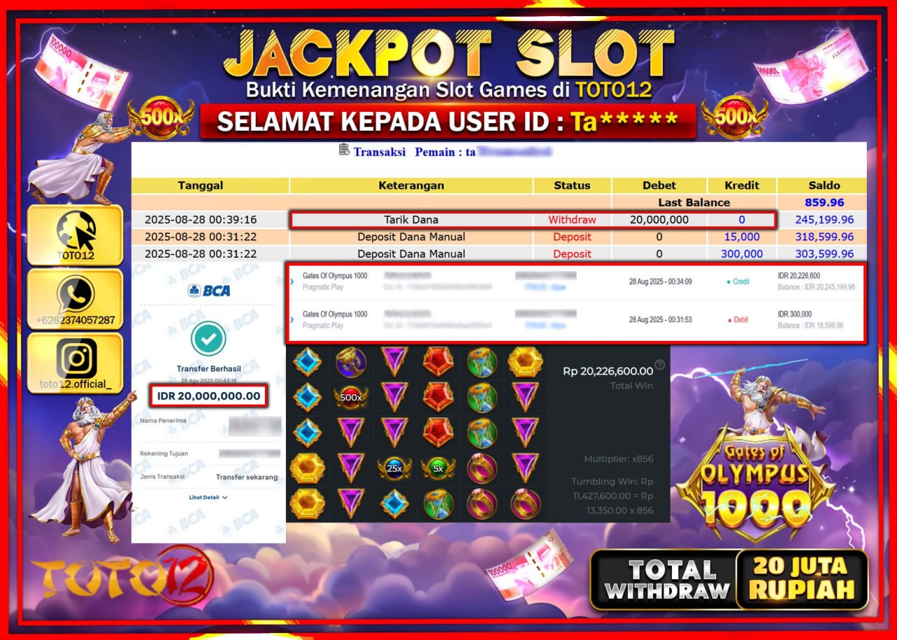 HANYA DI TOTO12 JP PASTI DI BAYAR LUNAS DAN CEPAT!!!!!! JACKPOT SLOT GAME (GATES OF OLYMPUS 1000) Rp.20.000.000 !!!!