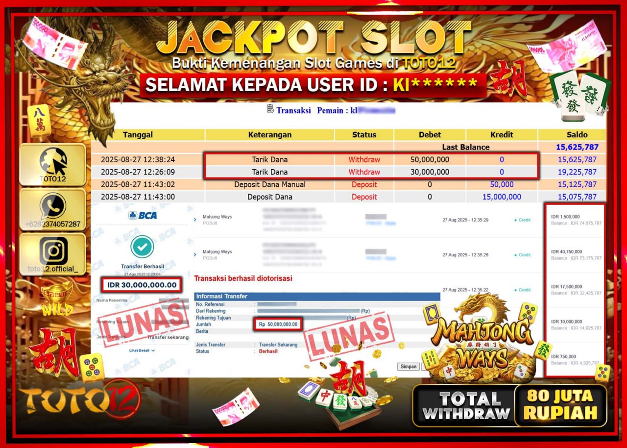 HANYA DI TOTO12 JP PASTI DI BAYAR LUNAS DAN CEPAT!!!!!! JACKPOT SLOT GAME (MAHJONG WAYS) Rp.80.000.000 !!!!