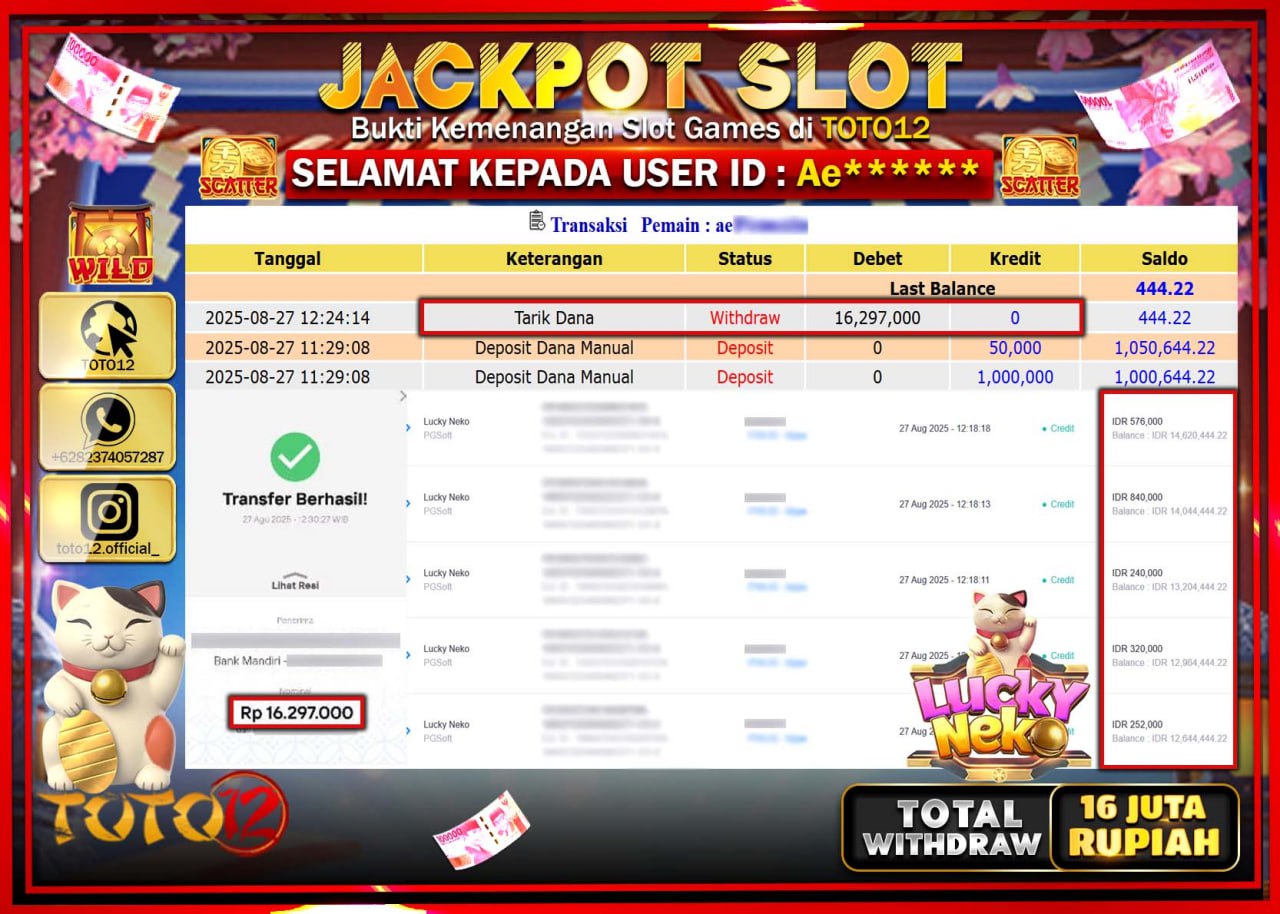 HANYA DI TOTO12 JP PASTI DI BAYAR LUNAS DAN CEPAT!!!!!! JACKPOT SLOT GAME (LUCKY NEKO) Rp.16.297.000 !!!!