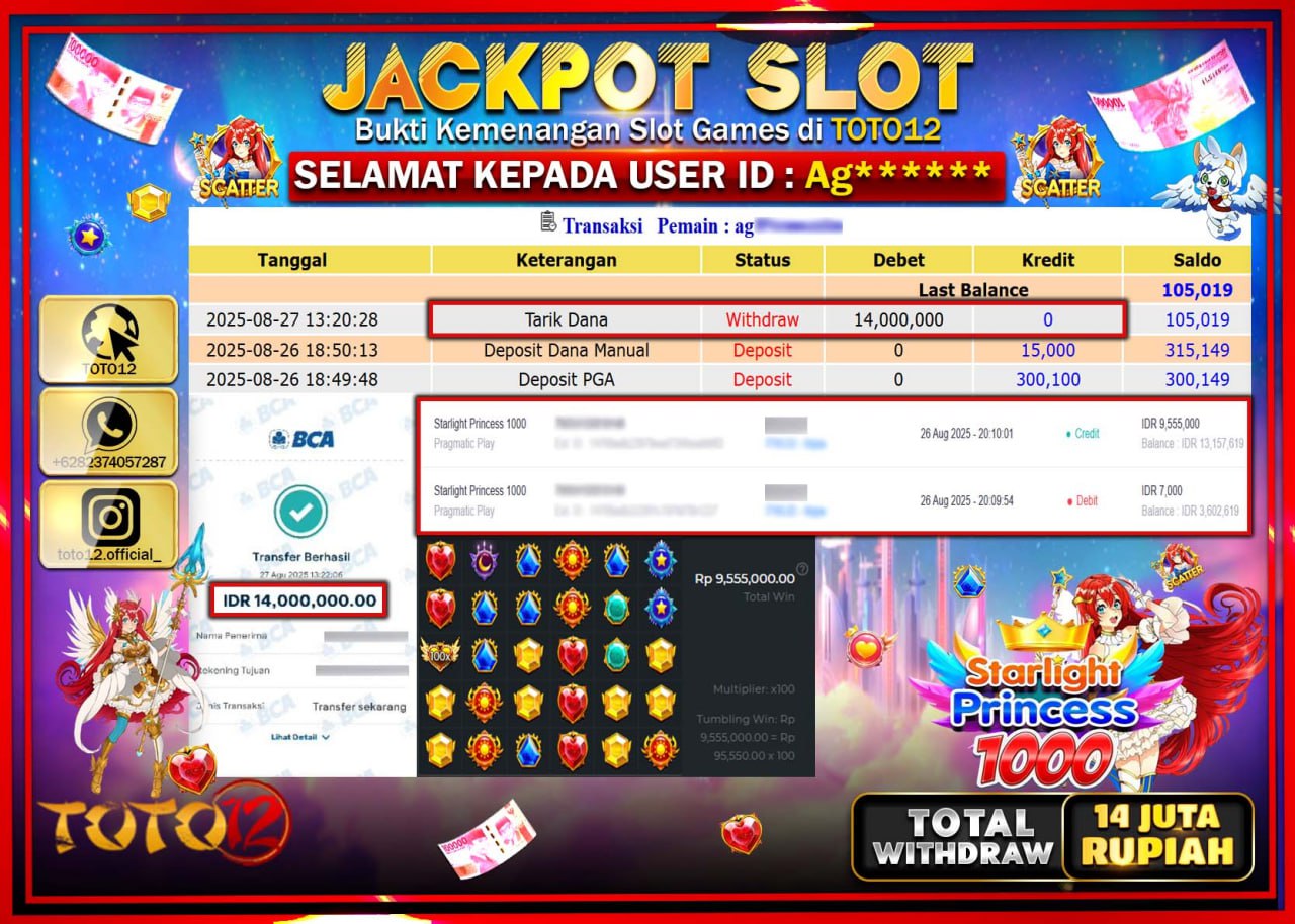 HANYA DI TOTO12 JP PASTI DI BAYAR LUNAS DAN CEPAT!!!!!! JACKPOT SLOT GAME (STARLIGHT PRINCESS 1000) Rp.14.000.000 !!!!