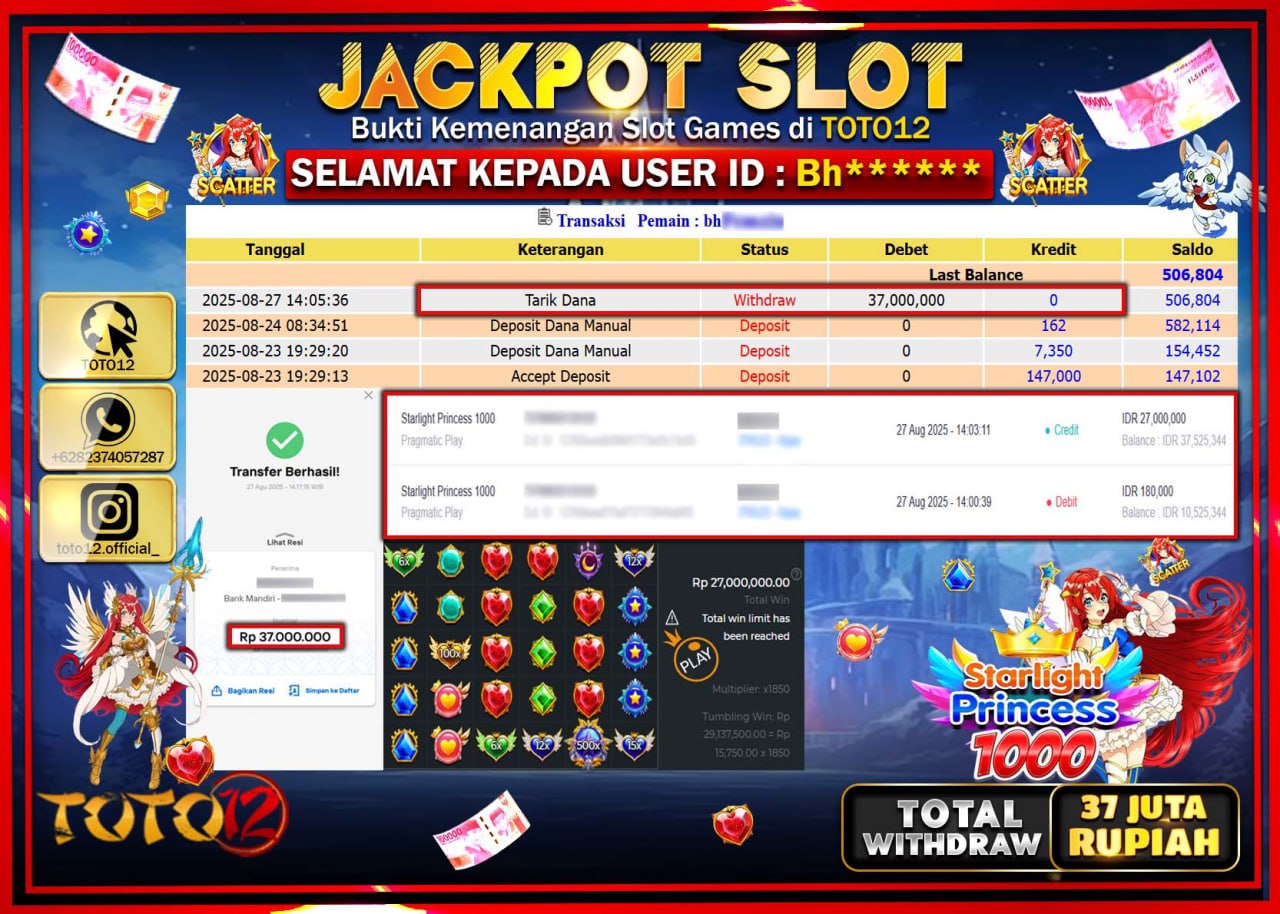 HANYA DI TOTO12 JP PASTI DI BAYAR LUNAS DAN CEPAT!!!!!! JACKPOT SLOT GAME (STARLIGHT PRINCESS 1000) Rp.37.000.000 !!!!