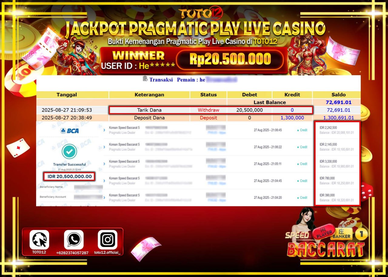 HANYA DI TOTO12 JP PASTI DI BAYAR LUNAS DAN CEPAT!!!!!! JACKPOT PRAGMATIC PLAY LIVE CASINO (SPEED BACCARAT) Rp.20.500.000 !!!!