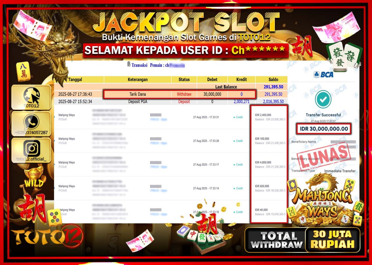 HANYA DI TOTO12 JP PASTI DI BAYAR LUNAS DAN CEPAT!!!!!! JACKPOT SLOT GAME (MAHJONG WAYS) Rp.30.000.000 !!!!