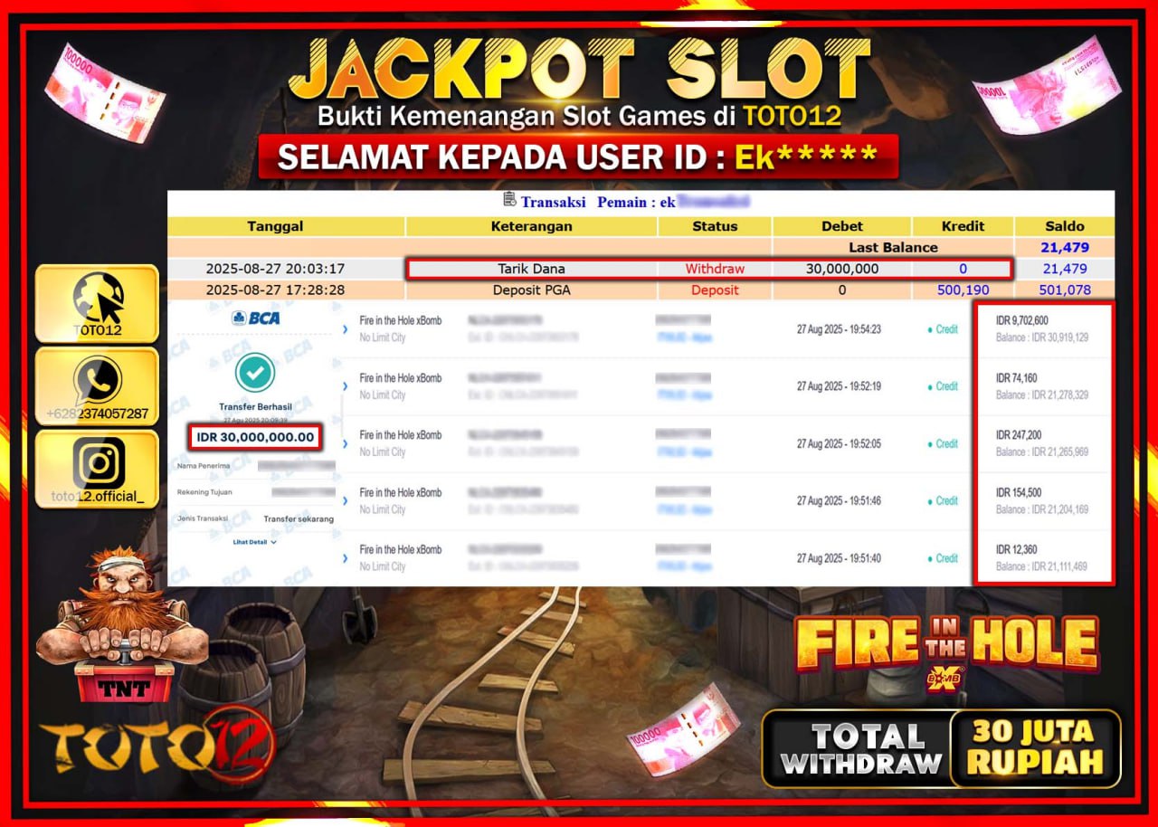 HANYA DI TOTO12 JP PASTI DI BAYAR LUNAS DAN CEPAT!!!!!! JACKPOT SLOT GAME (FIRE IN THE HOLE XBOMB) Rp.30.000.000 !!!!