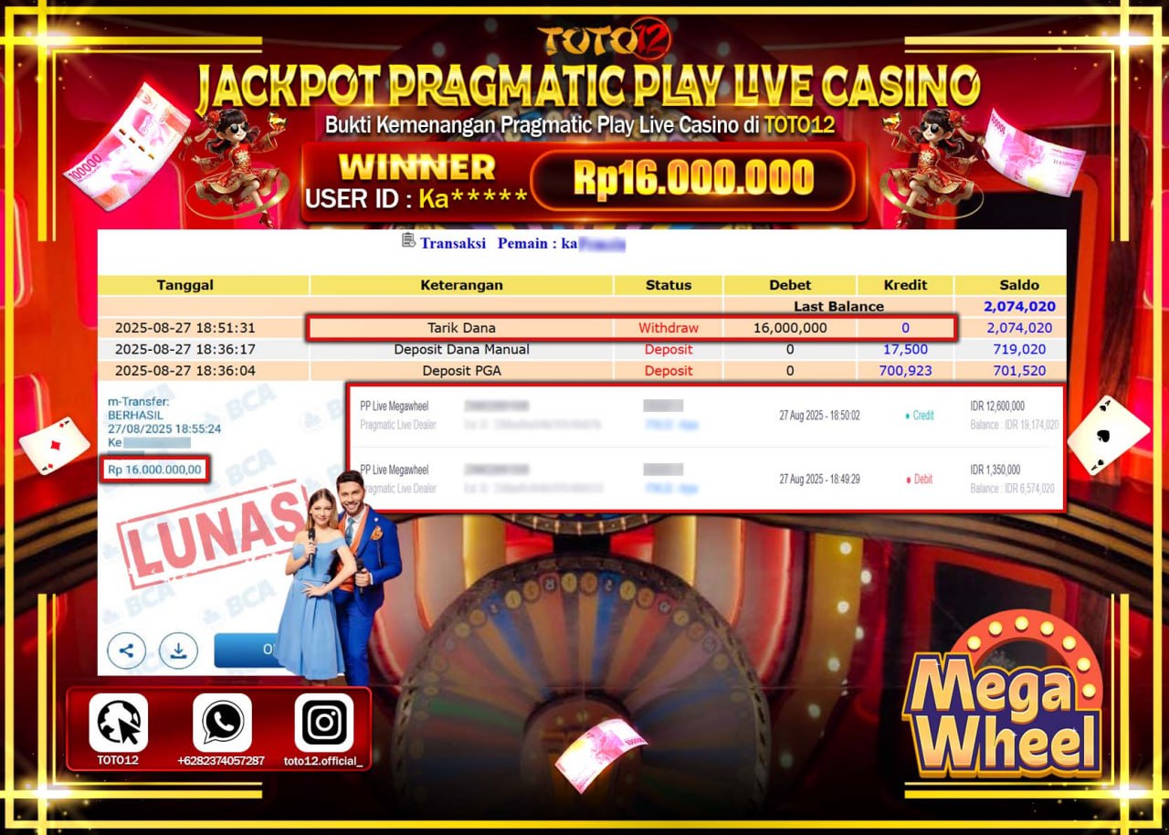 HANYA DI TOTO12 JP PASTI DI BAYAR LUNAS DAN CEPAT!!!!!! JACKPOT PRAGMATIC PLAY LIVE CASINO (MEGA WHEEL) Rp.16.000.000 !!!!