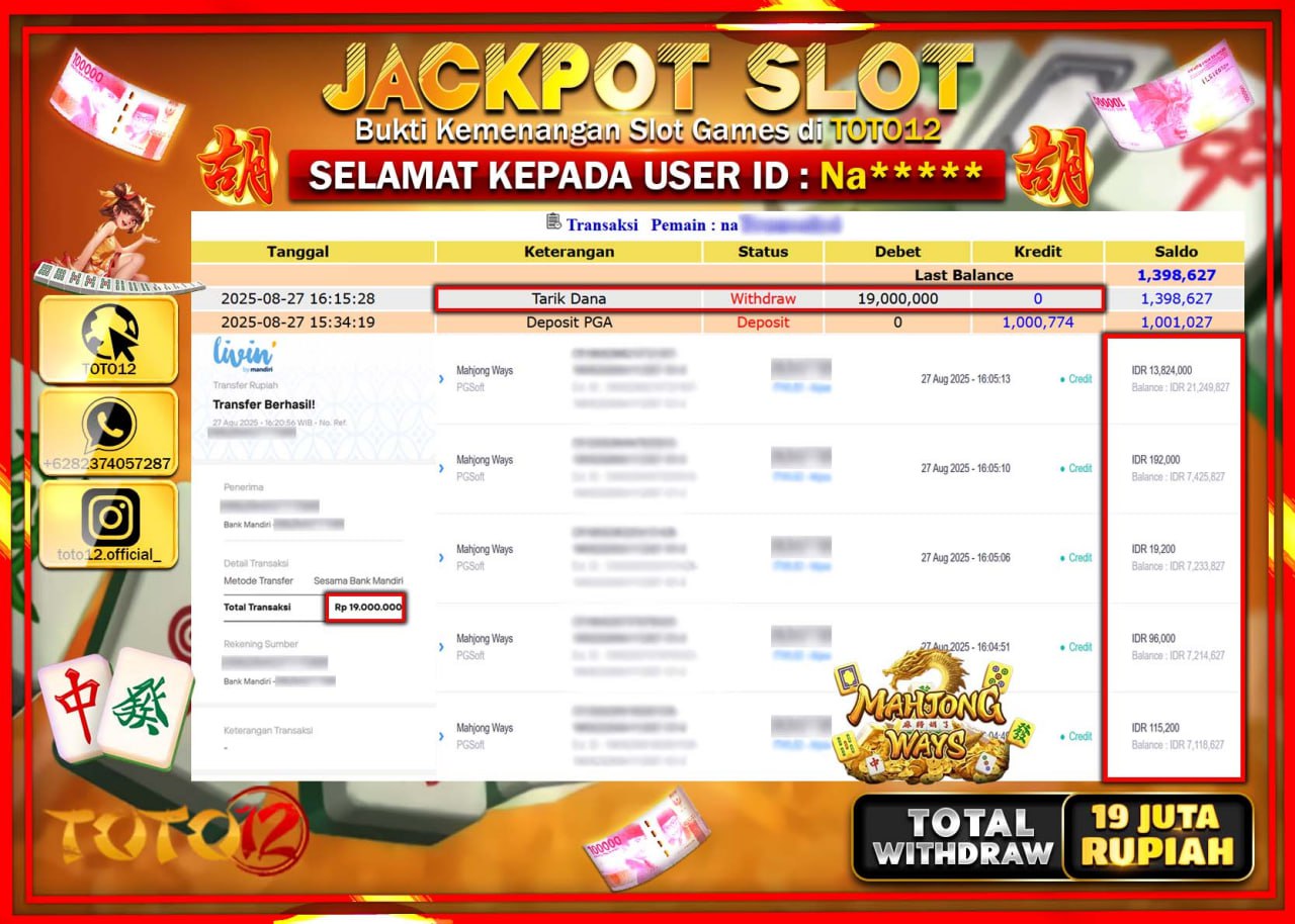 HANYA DI TOTO12 JP PASTI DI BAYAR LUNAS DAN CEPAT!!!!!! JACKPOT SLOT GAME (MAHJONG WAYS) Rp.19.000.000 !!!!