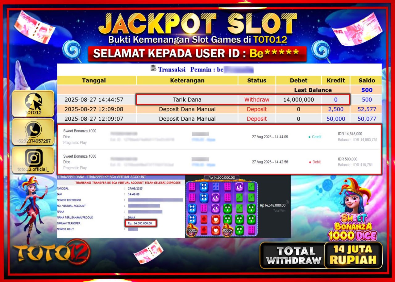 HANYA DI TOTO12 JP PASTI DI BAYAR LUNAS DAN CEPAT!!!!!! JACKPOT SLOT GAME (SWEET BONANZA 1000 DICE) Rp.14.000.000 !!!!