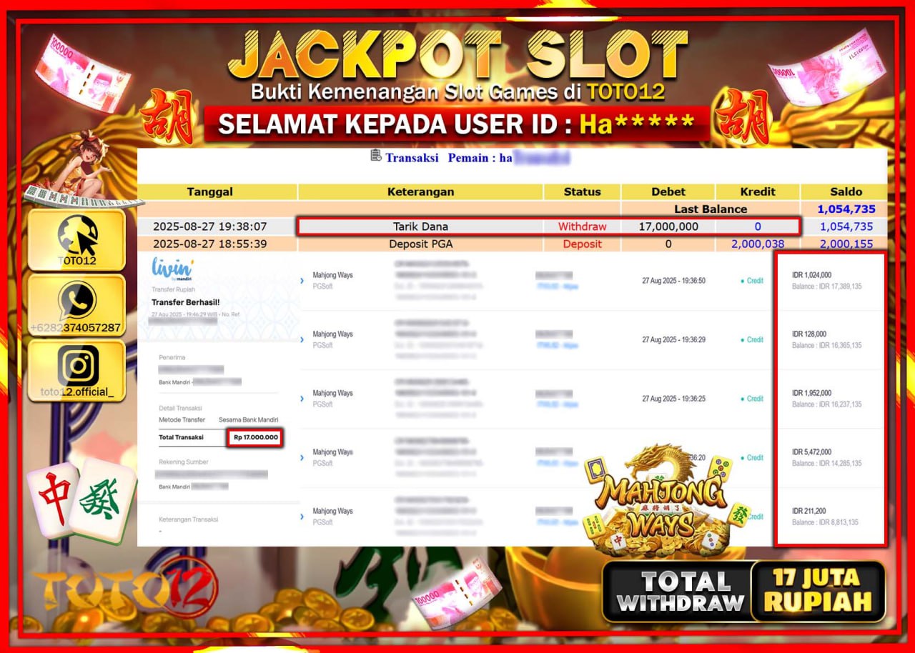 HANYA DI TOTO12 JP PASTI DI BAYAR LUNAS DAN CEPAT!!!!!! JACKPOT SLOT GAME (MAHJONG WAYS) Rp.17.000.000 !!!!