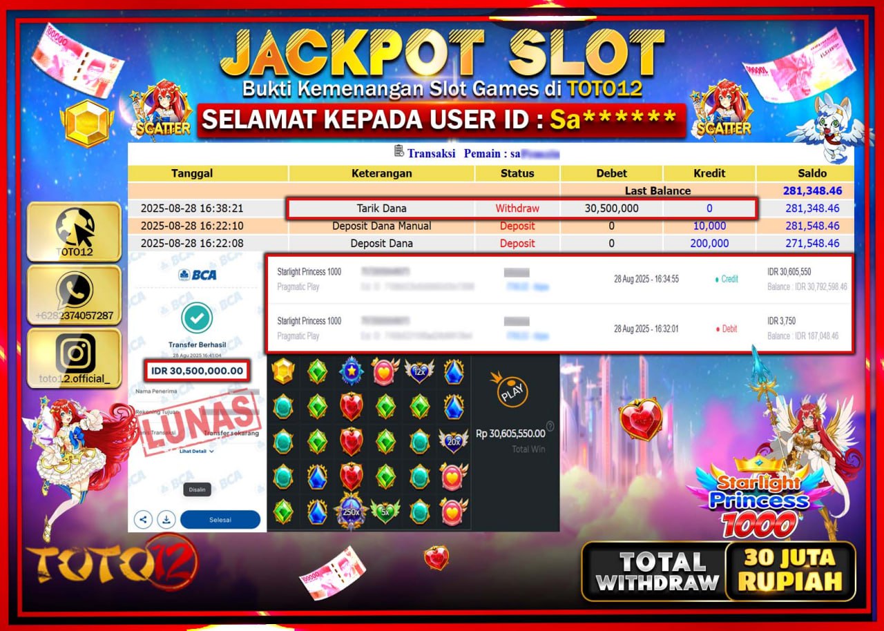 HANYA DI TOTO12 JP PASTI DI BAYAR LUNAS DAN CEPAT!!!!!! JACKPOT SLOT GAME (STARLIGHT PRINCESS 1000) Rp.30.500.000 !!!!