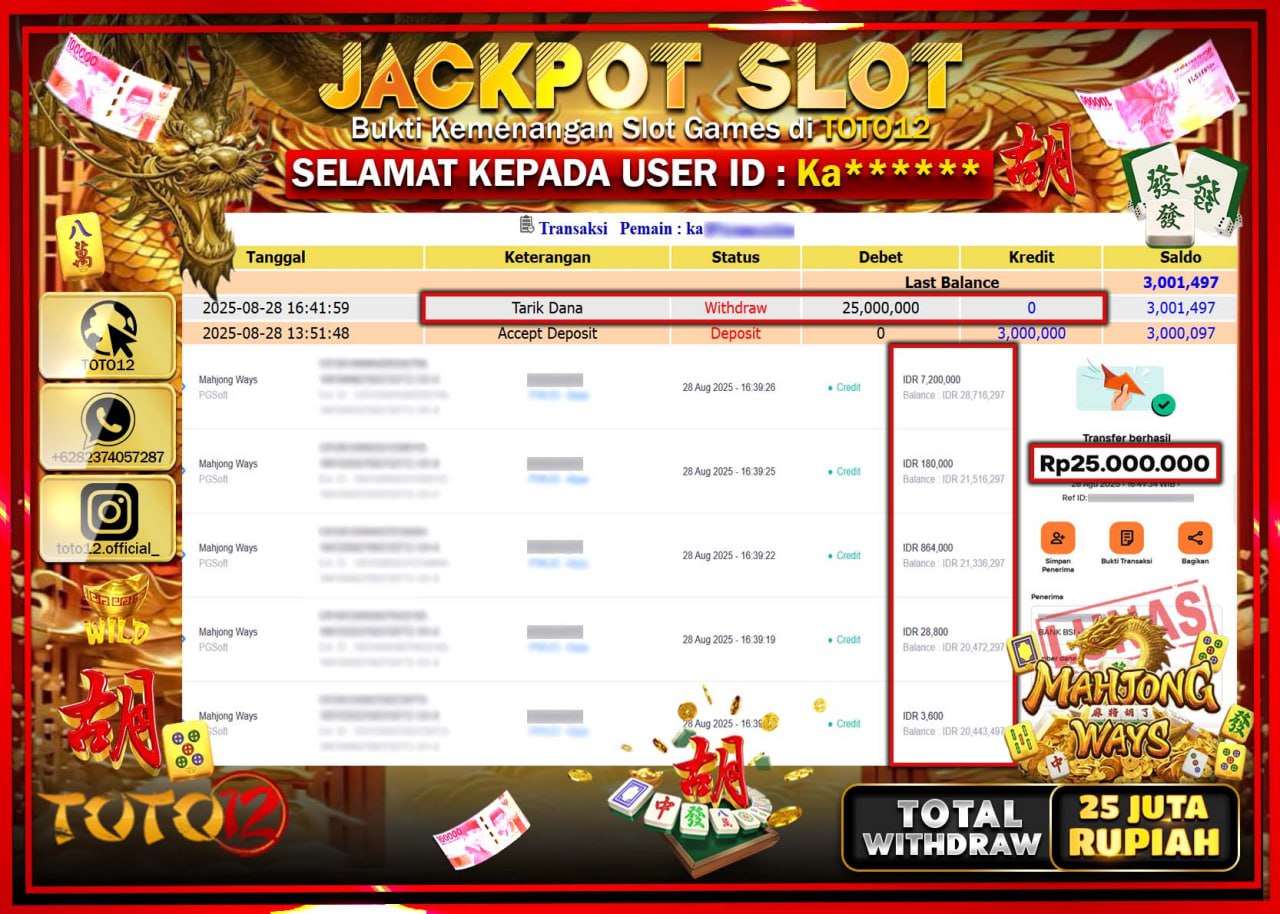 HANYA DI TOTO12 JP PASTI DI BAYAR LUNAS DAN CEPAT!!!!!! JACKPOT SLOT GAME (MAHJONG WAYS) Rp.25.000.000 !!!!