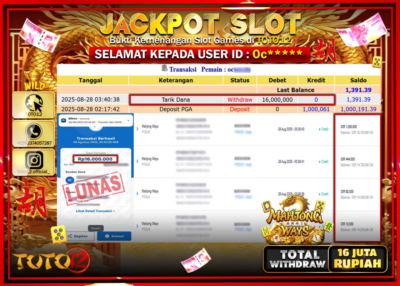 HANYA DI TOTO12 JP PASTI DI BAYAR LUNAS DAN CEPAT!!!!!! JACKPOT SLOT GAME (MAHJONG WAYS) Rp.16.000.000 !!!!