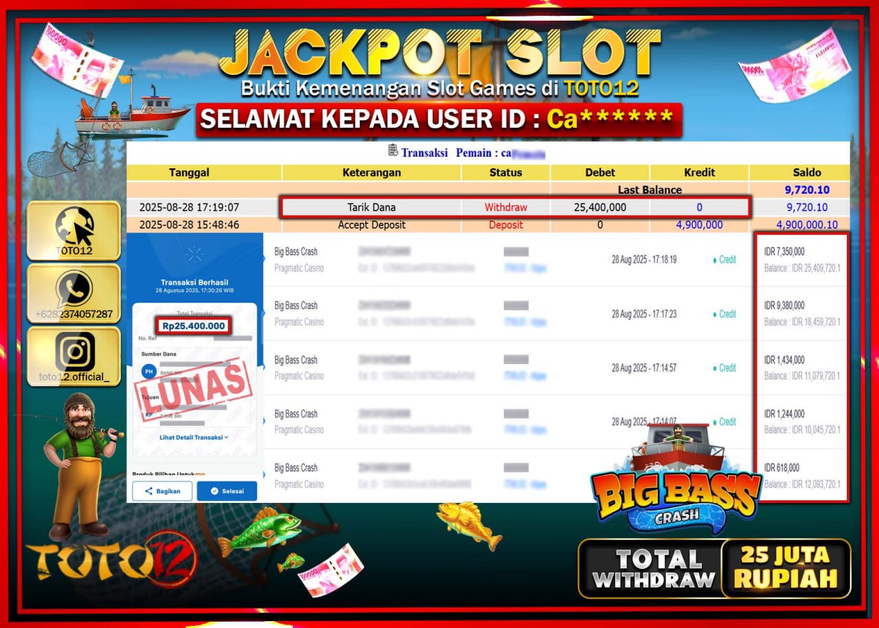 HANYA DI TOTO12 JP PASTI DI BAYAR LUNAS DAN CEPAT!!!!!! JACKPOT SLOT GAME (BIG BASS CRASH) Rp.25.400.000 !!!!