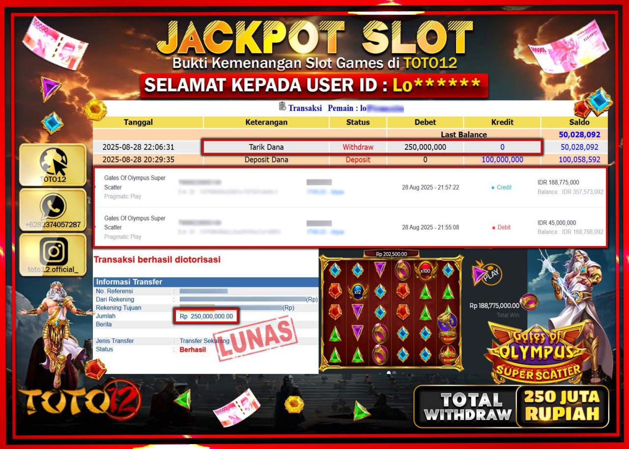 HANYA DI TOTO12 JP PASTI DI BAYAR LUNAS DAN CEPAT!!!!!! JACKPOT SLOT GAME (GATES OF OLYMPUS SUPER SCATTER) Rp.250.000.000 !!!!