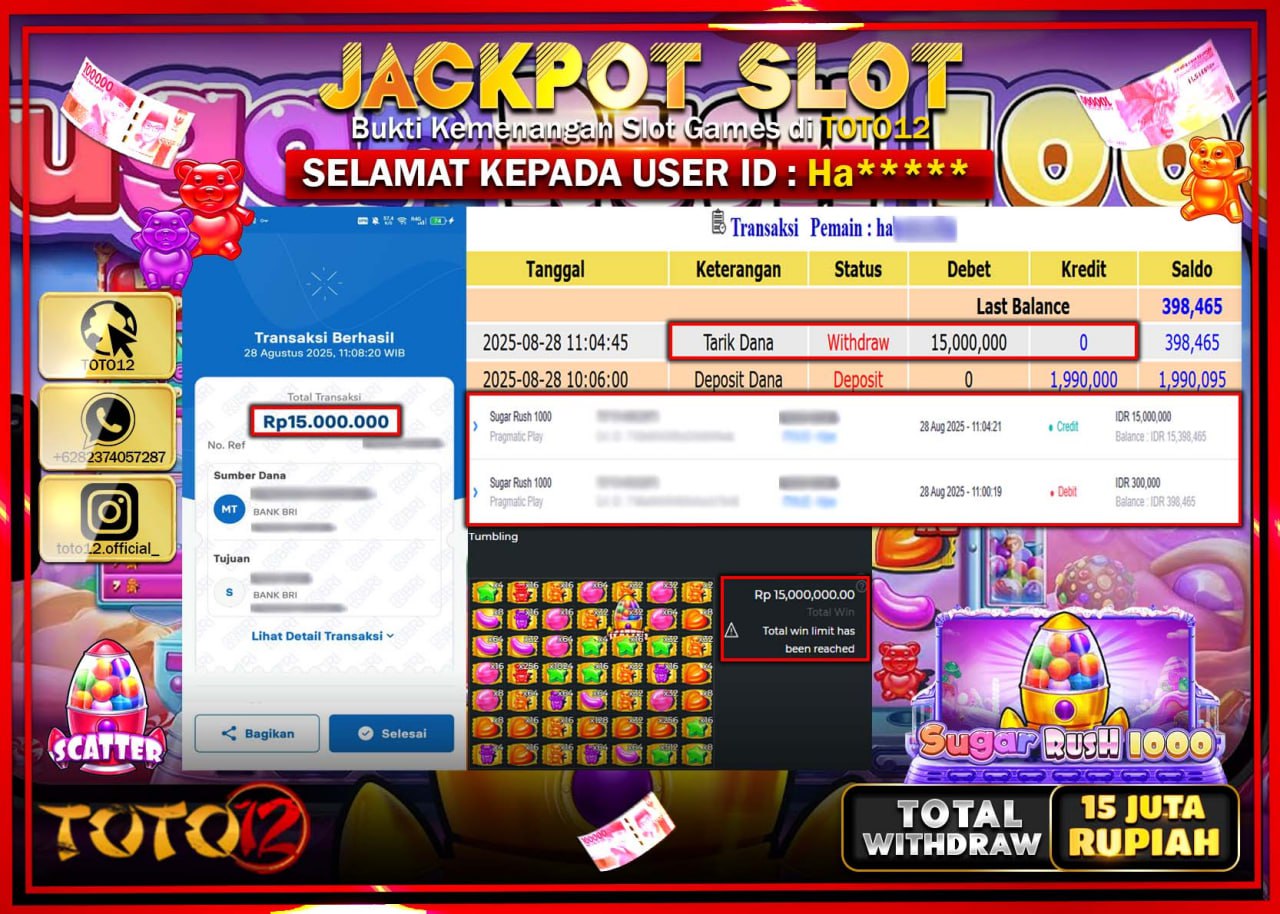 HANYA DI TOTO12 JP PASTI DI BAYAR LUNAS DAN CEPAT!!!!!! JACKPOT SLOT GAME (SUGAR RUSH 1000) Rp.15.000.000 !!!!