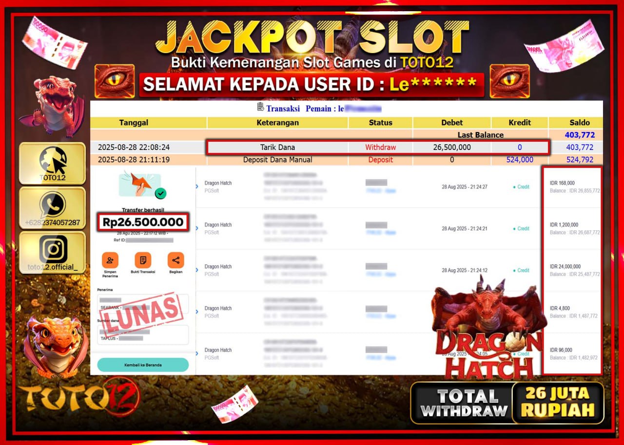 HANYA DI TOTO12 JP PASTI DI BAYAR LUNAS DAN CEPAT!!!!!! JACKPOT SLOT GAME (DRAGON HATCH) Rp.26.500.000 !!!!