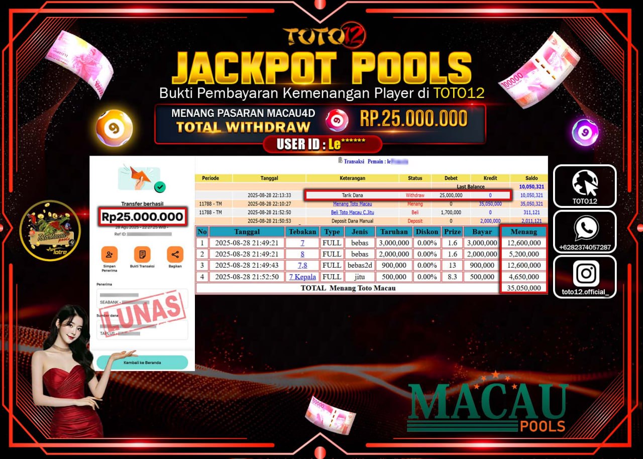 HANYA DI TOTO12 JP PASTI DI BAYAR LUNAS DAN CEPAT!!!!!! JACKPOT POOLS PASARAN (MACAU) Rp.25.000.000 !!!!