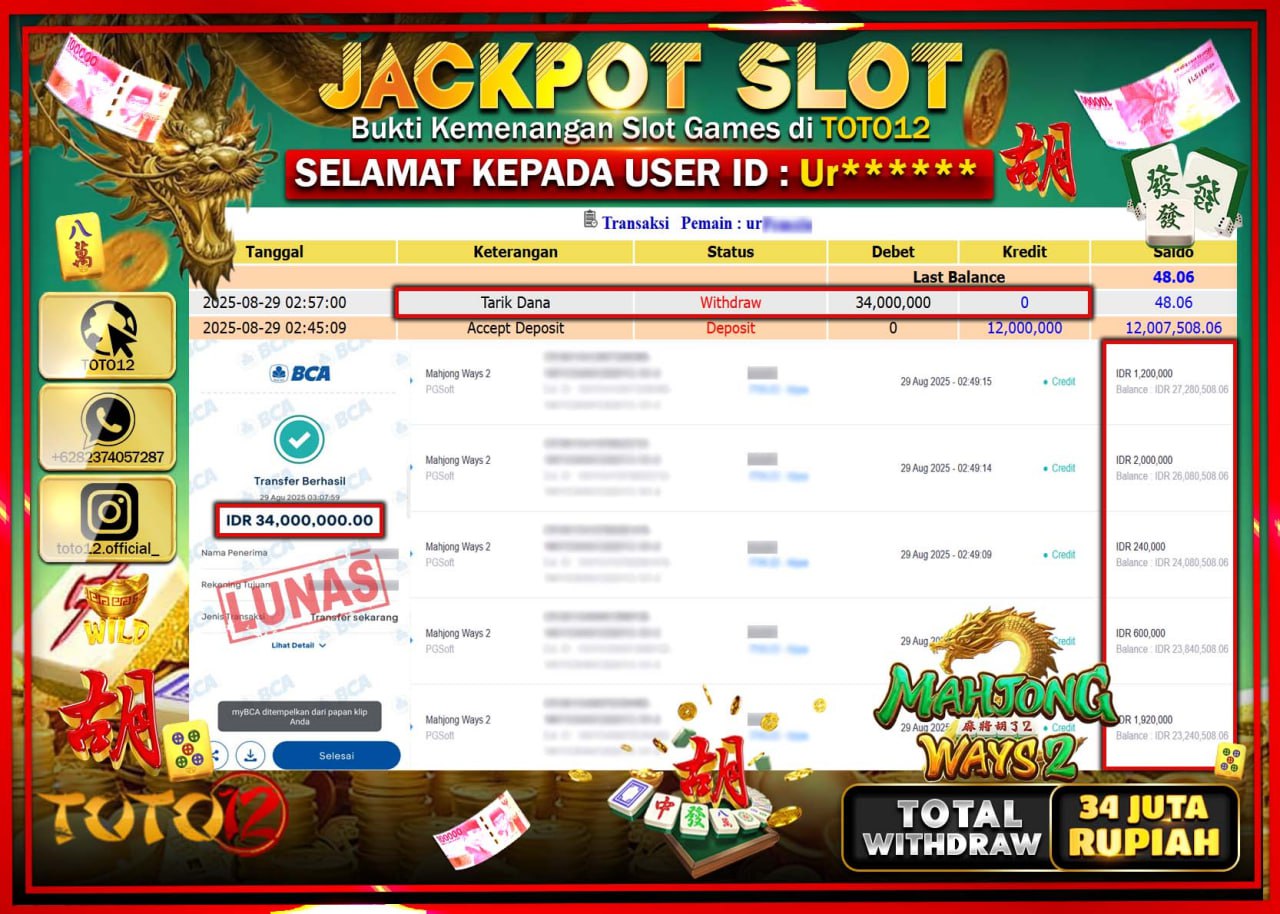 HANYA DI TOTO12 JP PASTI DI BAYAR LUNAS DAN CEPAT!!!!!! JACKPOT SLOT GAME (MAHJONG WAYS 2) Rp.34.000.000 !!!!