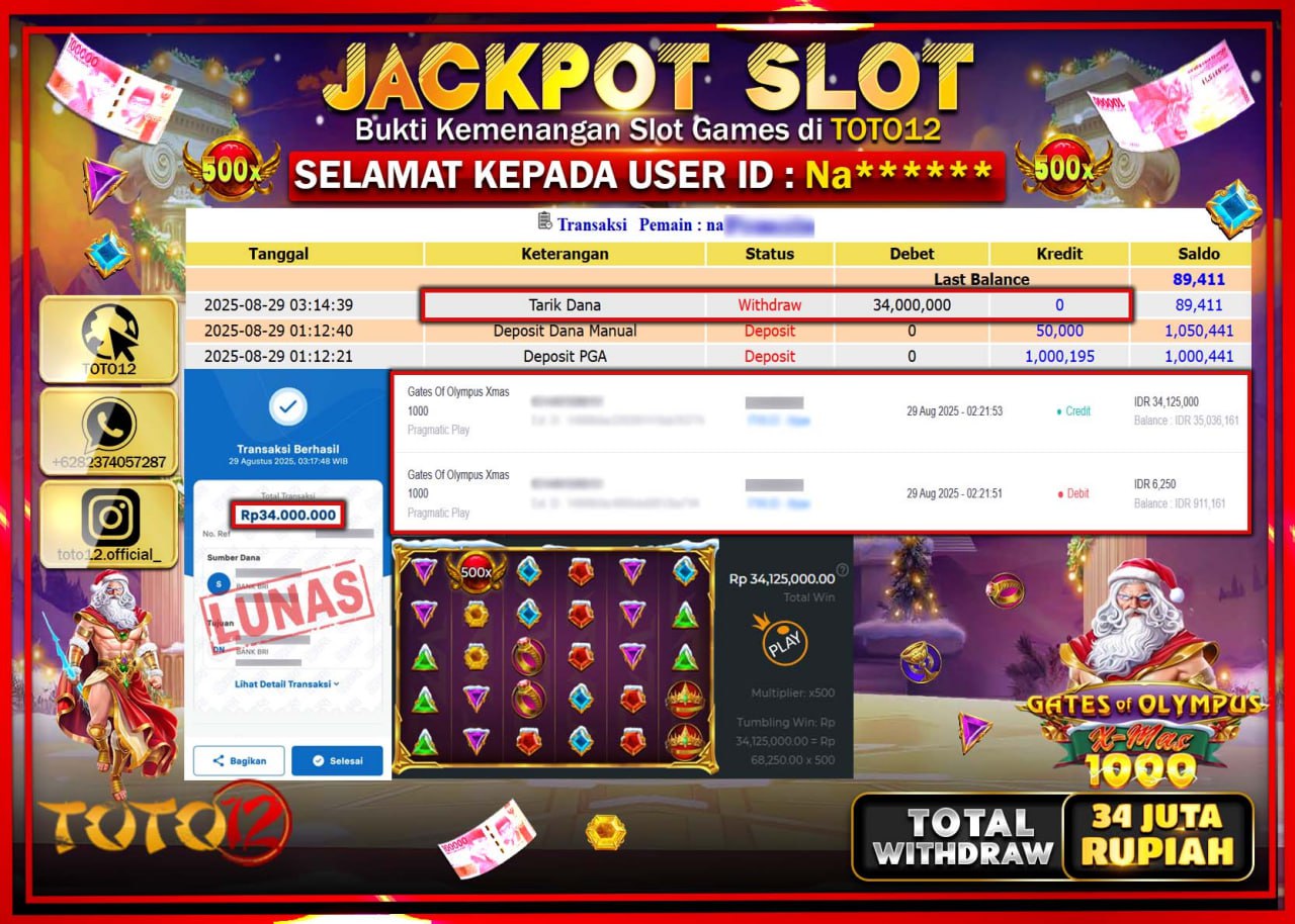 HANYA DI TOTO12 JP PASTI DI BAYAR LUNAS DAN CEPAT!!!!!! JACKPOT SLOT GAME (GATES OF OLYMPUS XMAS 1000) Rp.34.000.000 !!!!