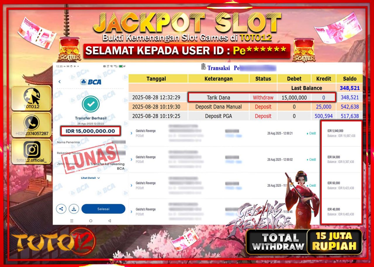 HANYA DI TOTO12 JP PASTI DI BAYAR LUNAS DAN CEPAT!!!!!! JACKPOT SLOT GAME (GEISHAS REVENGE) Rp.15.000.000 !!!!