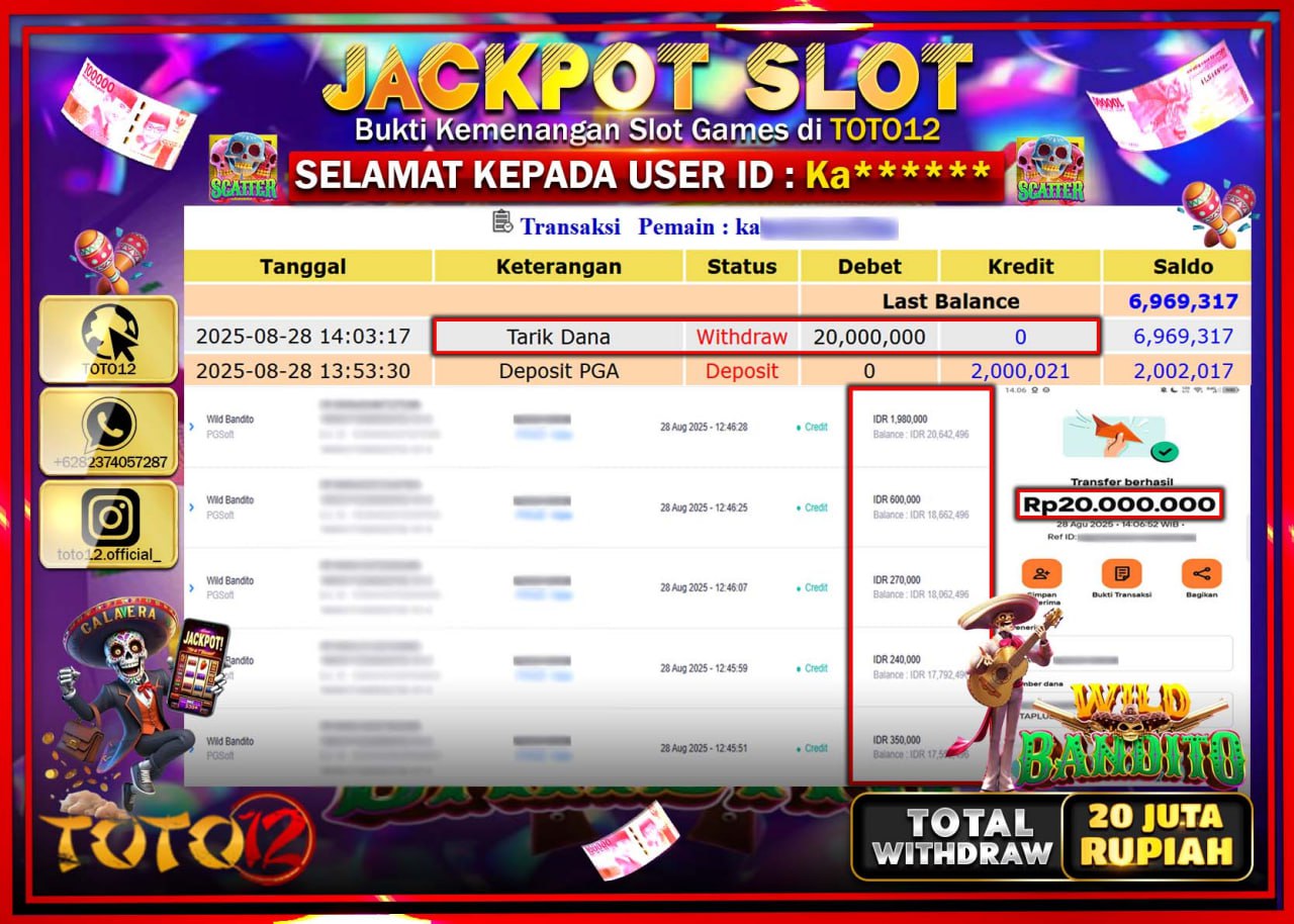 HANYA DI TOTO12 JP PASTI DI BAYAR LUNAS DAN CEPAT!!!!!! JACKPOT SLOT GAME (WILD BANDITO) Rp.20.000.000 !!!!