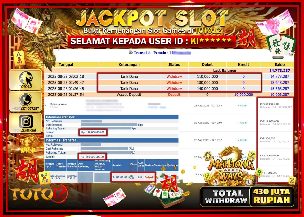 HANYA DI TOTO12 JP PASTI DI BAYAR LUNAS DAN CEPAT!!!!!! JACKPOT SLOT GAME (MAHJONG WAYS) Rp.430.000.000 !!!!