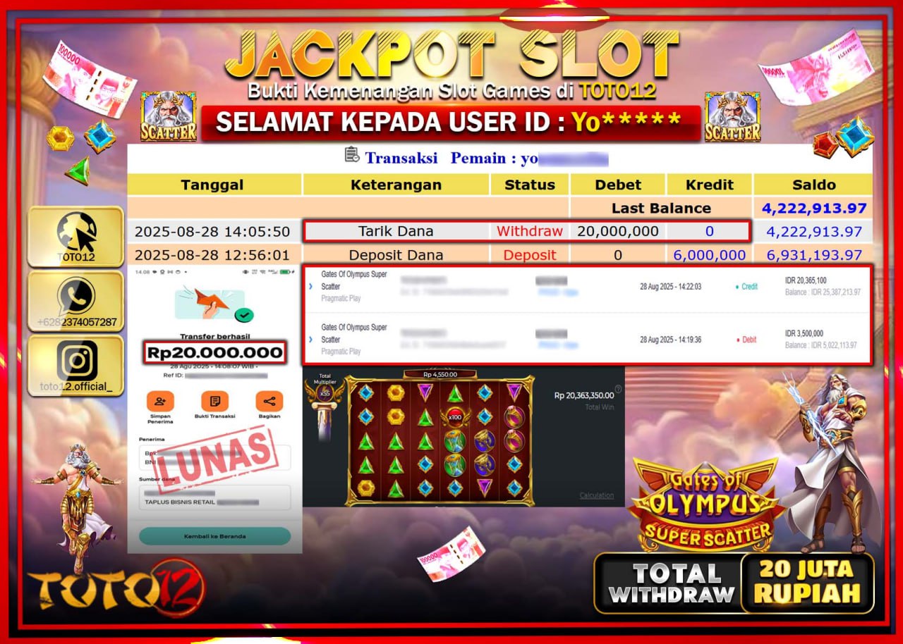 HANYA DI TOTO12 JP PASTI DI BAYAR LUNAS DAN CEPAT!!!!!! JACKPOT SLOT GAME (GATES OF OLYMPUS SUPER SCATTER) Rp.20.000.000 !!!!