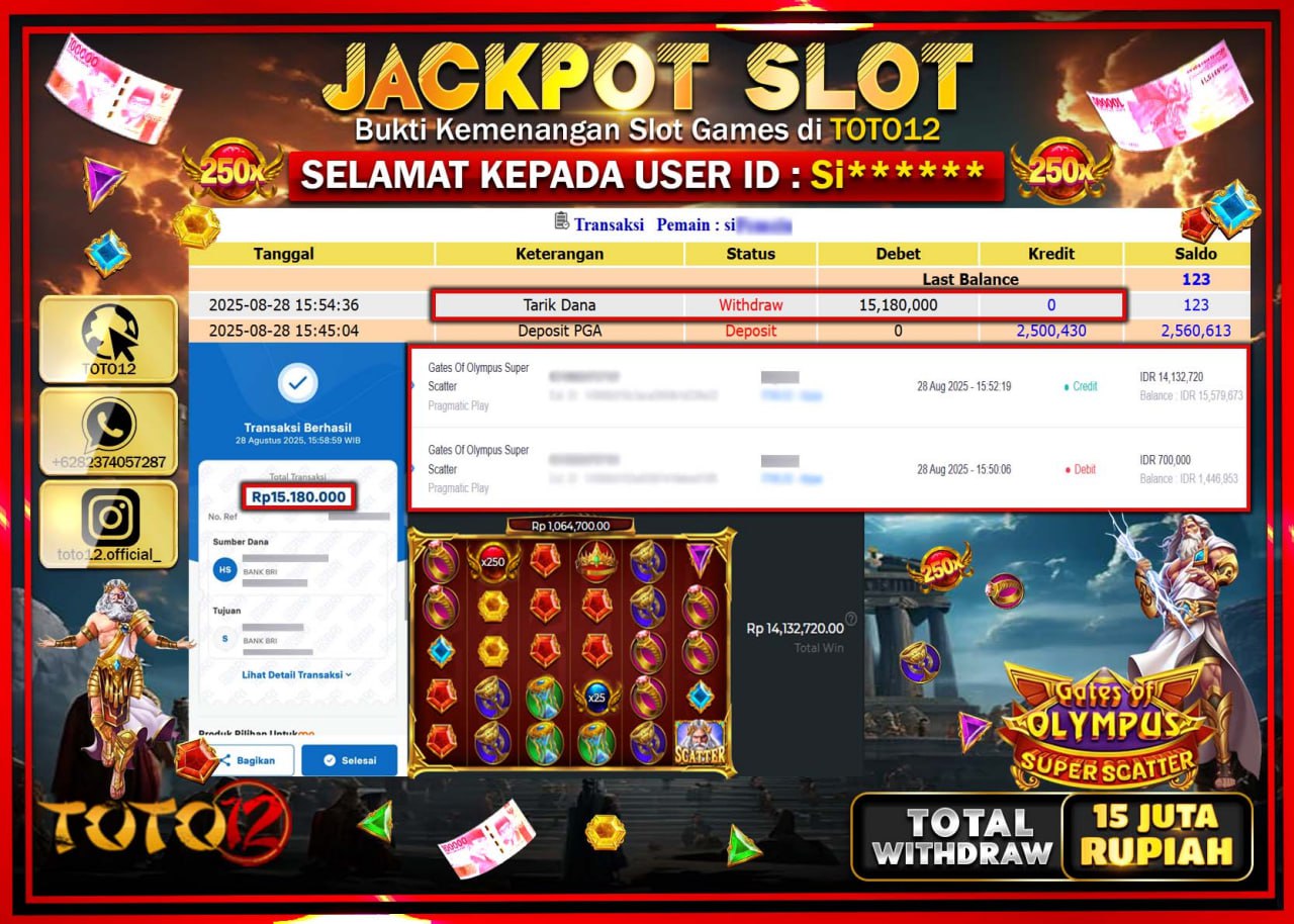 HANYA DI TOTO12 JP PASTI DI BAYAR LUNAS DAN CEPAT!!!!!! JACKPOT SLOT GAME (GATES OF OLYMPUS SUPER SCATTER) Rp.15.180.000 !!!!
