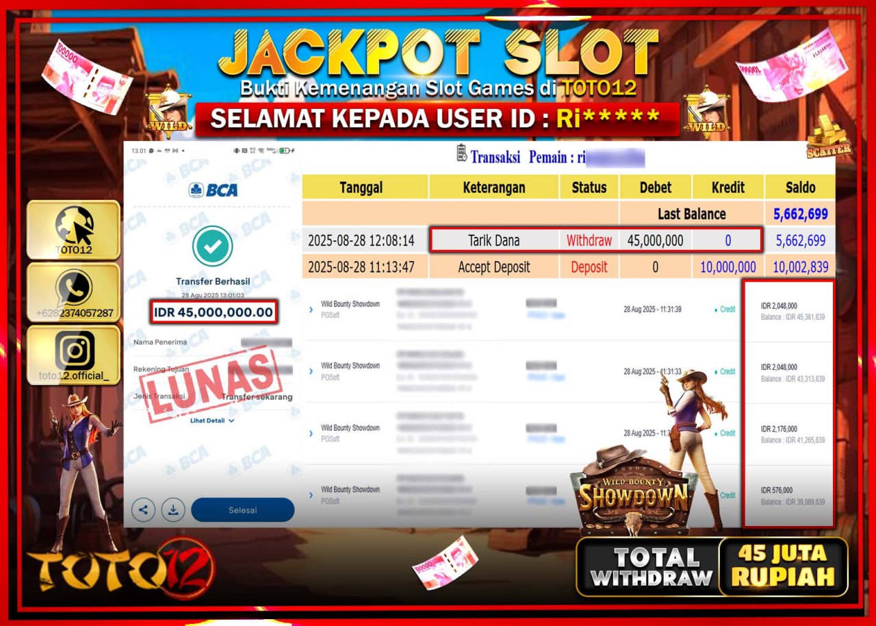 HANYA DI TOTO12 JP PASTI DI BAYAR LUNAS DAN CEPAT!!!!!! JACKPOT SLOT GAME (WILD BOUNTY SHOWDOWN) Rp.45.000.000 !!!!