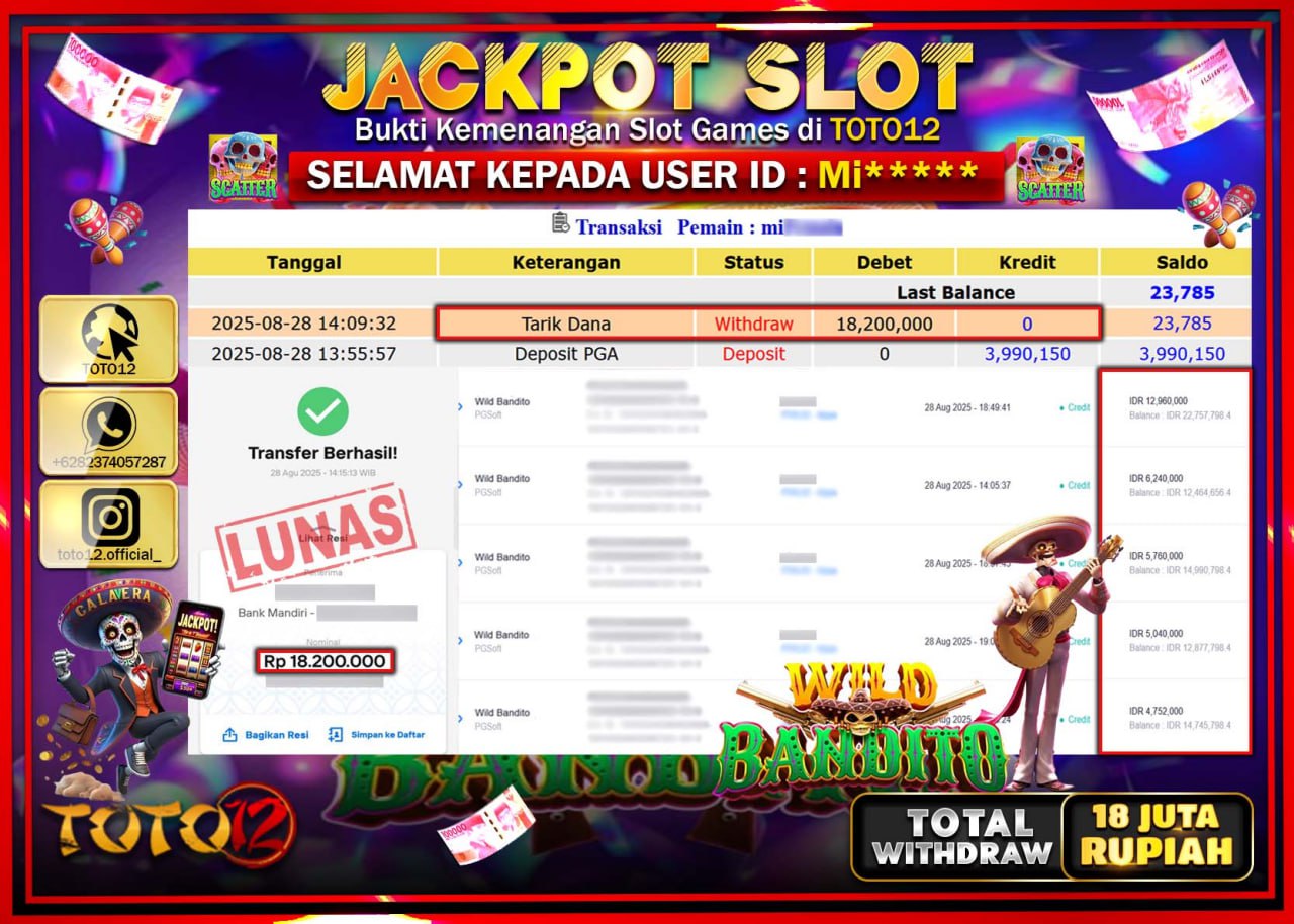 HANYA DI TOTO12 JP PASTI DI BAYAR LUNAS DAN CEPAT!!!!!! JACKPOT SLOT GAME (WILD BANDITO) Rp.18.200.000 !!!!