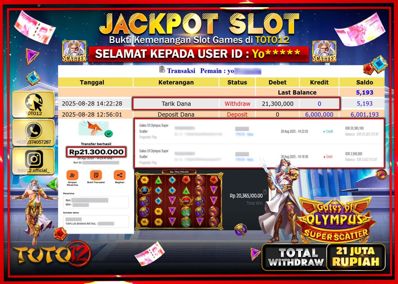HANYA DI TOTO12 JP PASTI DI BAYAR LUNAS DAN CEPAT!!!!!! JACKPOT SLOT GAME (GATES OF OLYMPUS SUPER SCATTER) Rp.21.300.000 !!!!