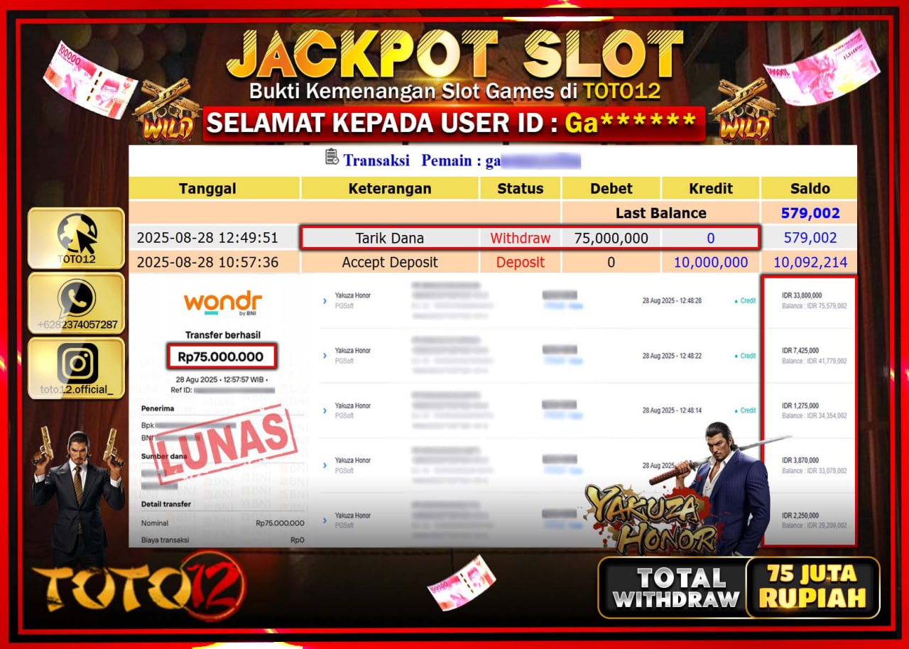 HANYA DI TOTO12 JP PASTI DI BAYAR LUNAS DAN CEPAT!!!!!! JACKPOT SLOT GAME (YAKUZA HONOR) Rp.75.000.000 !!!!