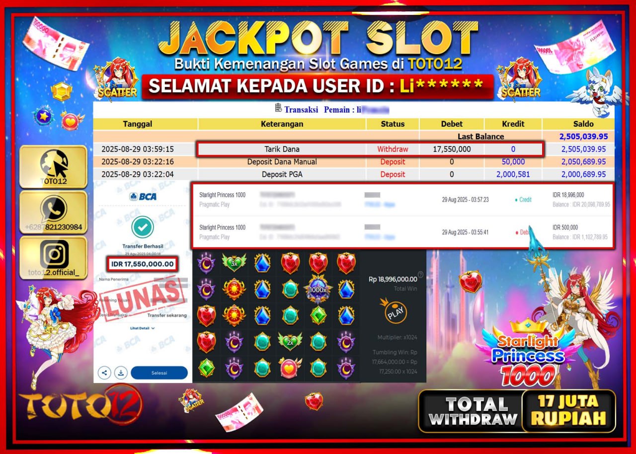 HANYA DI TOTO12 JP PASTI DI BAYAR LUNAS DAN CEPAT!!!!!! JACKPOT SLOT GAME (STARLIGHT PRINCESS 1000) Rp.17.550.000 !!!!