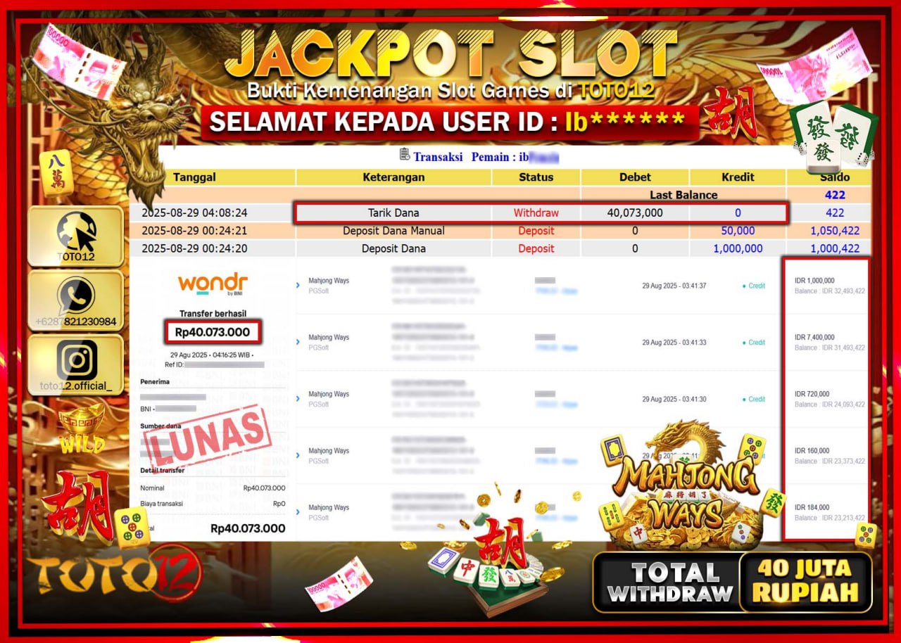 HANYA DI TOTO12 JP PASTI DI BAYAR LUNAS DAN CEPAT!!!!!! JACKPOT SLOT GAME (MAHJONG WAYS) Rp.40.073.000 !!!!